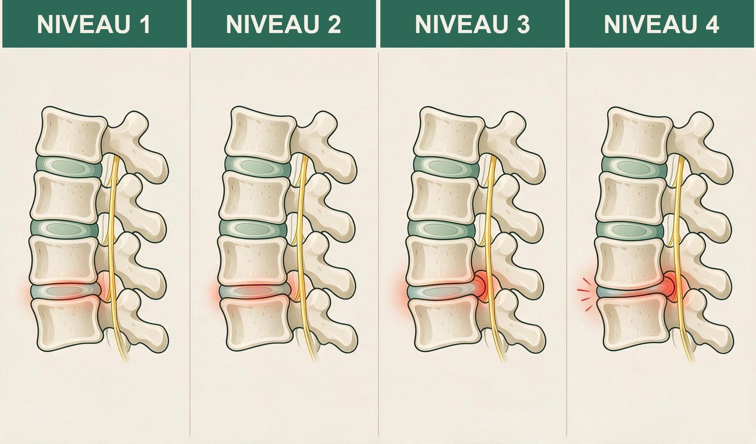 Le nerf sciatique, peu à peu écrasé par la compression des vertèbres